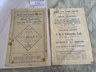 1940s Ipswich Town v Swindon Reserves Football Programmes: 46/47 very good + 48/49 good with a few age stains both with no writing. (2)