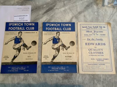 1940s Ipswich Town v Watford Reserves Football Programmes: 47/48 Combination Cup and 49/50 league both excellent and cup with hole at staple area. No writing. (3)