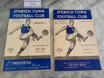 Ipswich Town v West Ham Reserves Football Programmes: 49/50 team changes and 50/51 with no writing. Both very good. (2)