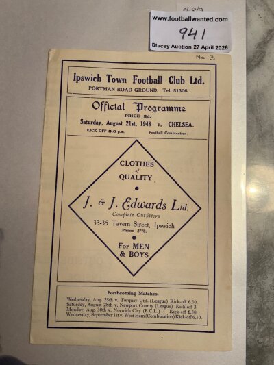 48/49 Ipswich Town v Chelsea Reserves Football Programme: Football Combination match in excellent condition dated 21 8 1948 with no team changes. Number written to covers border.