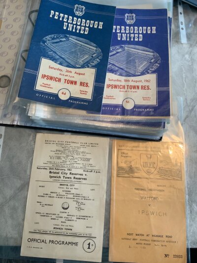 Ipswich Town Away Reserve Football Programmes: Excellent condition private collection housed in two ring binders from 60/61 to 23/24. Includes 60/61 Bristol Rovers, 64/65 66/67 67/68 Leicester, 73/74 77/78 Bournemouth. There are a lot of A4 colour sheets with some Under 21/23 etc included from the 80s onwards which are unwritten. Must view. (246)