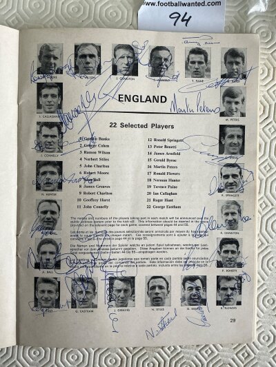 England 1966 Fully Signed Squad Football Programme: Tournament Brochure programme fully signed by all Englands 22 players on their picture which is on one page inside. Rare item which will surely increase in value when you think how many we have sadly lost.