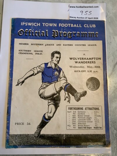 37/38 Ipswich Town v Wolves Football Programme: Friendly match 30 3 1938 in very good condition with one pencilled team change.