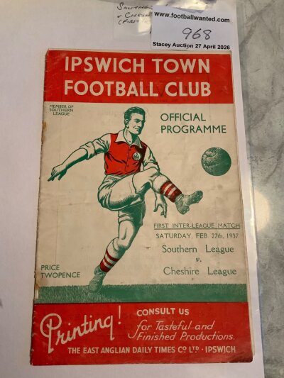 36/37 Inter League Football Programme At Ipswich: Southern League v Cheshire League dated 27 2 1937 which was the first Inter League match at Portman Road. Staples rusted away leaving hole and rear page has smallest piece missing from corner. Fair/good with no team changes.