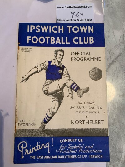 36/37 Ipswich Town v North fleet Football Programme: Friendly match dated 2 1 1937. One rusty staple the other missing. Rust marks evident at staple area. Complete with no team changes. Good.
