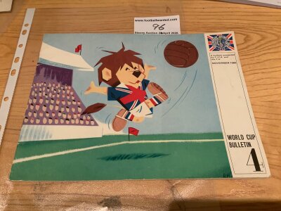 1966 World Cup Willie FA Bulletin Magazine: November 1965 World Cup Bulletin number 4 features WC Willie on the cover and inside a look at proposed dates, type of ball etc for forthcoming World Cup in different languages from the excellent condition magazine that was not available to the public.