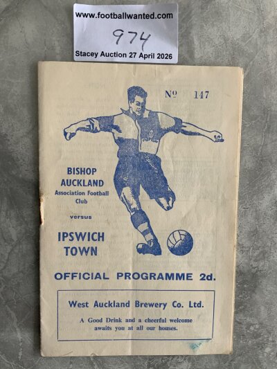 54/55 Bishop Auckland v Ipswich Town FA Cup Football Programme: Good condition replay programme with no team changes. Rusty staple holding firm and light fold.