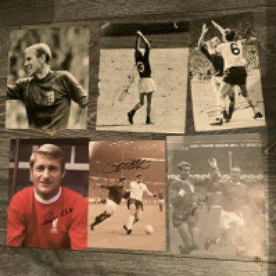 England 1966 World Cup Players Signed Pictures: Large magazine pictures of players both in their club kit with some in England kit. Clear undedicated autographs include Hunt, B Charlton x 3, Hurst, Stiles, Banks and one of Wilson and Hunt parading the World Cup at Goodison Park and a further with B Charlton + Hurst. (9 pictures)