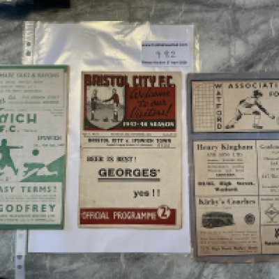 47/48 Ipswich Town Away Football Programmes: Division 3 matches v Norwich and Bristol City both very good plus Watford which has paper loss to lower border. No team changes. (3)