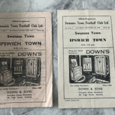 47/48 + 48/49 Swansea v Ipswich Town Football Programmes: Slight mark to rear page of earlier programme otherwise very good condition with no team changes. (2)