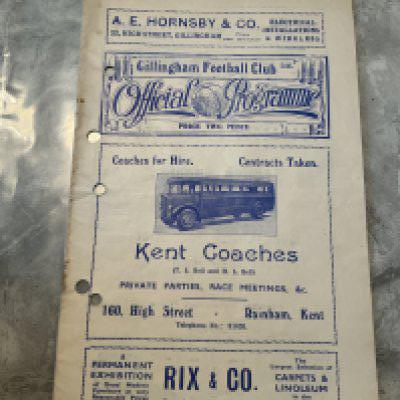 38/39 Gillingham v Ipswich Town Football Programme: Rusty staples holding firm. Five punch holes but no team changes. 