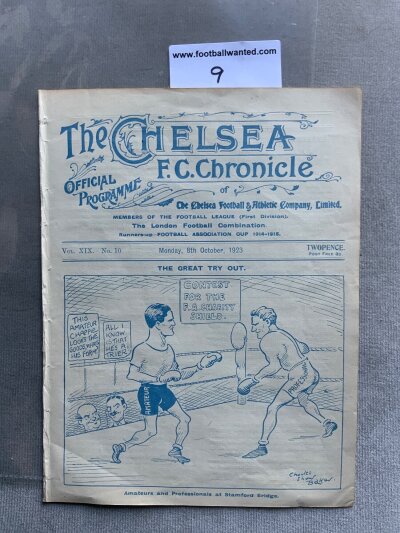 1923 Charity Shield Football Programmes At Chelsea: Amateurs v Professionals in excellent condition with no writing as ex bound. Dated 8 10 1923.