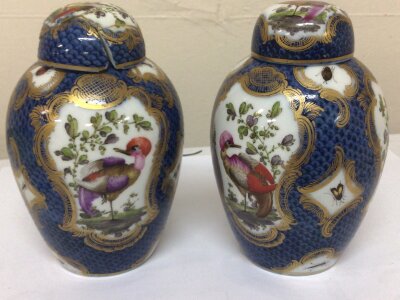 A Pair Of Blue and white porcelain jars and covers decorated with exotic birds on a white ground with scale blue under glazed decoration with further small insects. underglazes blue cross hatch marks to the base damage lid. Possibly early Worcester porcelain 18th century. Height 14cm NO RESERVE