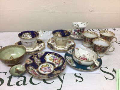 A Collection of 19th century and later ceramics including hand painted cups and saucers a Small Wedgwood lister bowl decorated with gilt Royal Albert cup and saucer and a Royal Crown Derby strainer and dish NO RESERVE