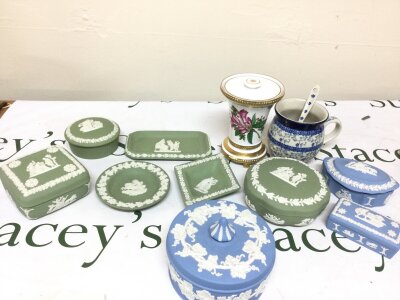 A Wedgwood selection including trinket boxes, Spode salvia and rhododendron vase , polish mug NO RESERVE