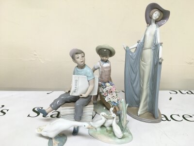 Lladro and Nao porcelain figures including Afternoon tea, newspaper boy, Wheelbarrow with flowers. (5)