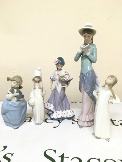 Lladro and Nao porcelain figures including Flor Maria, Girl walking and reading, Shepherdess gjrl with basket etc. some damage (5)