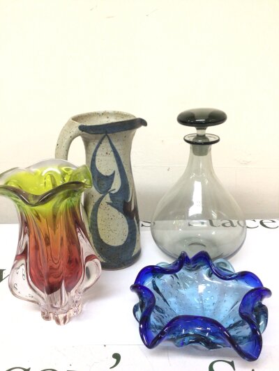 A mid 20th century Whitefriars glass decanter with other art glass and a stoneware jug (4)