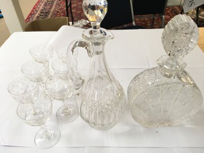 7 Edwardian Sherry Glasses And 2 Decanters. (9).