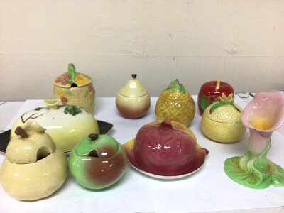 A Collection of novelty ceramic preserve jars a Carlton Ware vase and a dish (a lot)