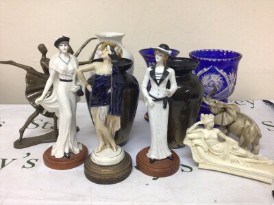 A collection of decorative ornaments flash blue cut glass and other Art Deco inspired figures and other ornaments