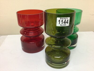 Three mid 20th century design coloured art glass of stepped circle shape one with a small chip. (3) Hight