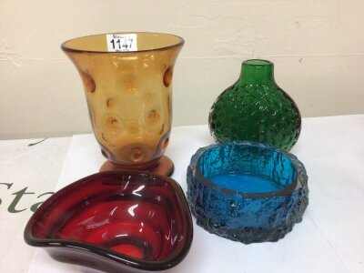 A stipple Amber Whitefriars vase and other coloured glass vases. (4)