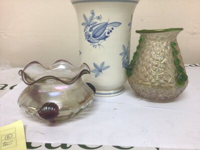 A Poole pottery art vase and two Loetz style glass vases