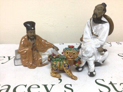 A 20th century Chinese figure a Foo dog with signed base and two other figures of elders (3) NO RESERVE