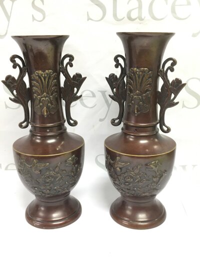 A pair of Japanese bronze vases, approx height 30cm.