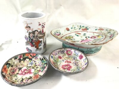 Chinese Famille Rose ceramics including a footed porcelain dish featuring colourful bird and floral motifs, dishes and vase . damage and restoration