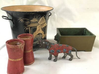 Chinese items including black Chinoiserie waste basket, a plate filigree tiger figurine with inlaid, rectangular lion censer with a six character mark at base