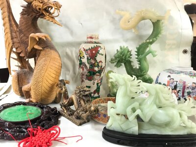 Oriental items including a crackle glaze vase decorated with figures , large carved wooden dragon figure etc