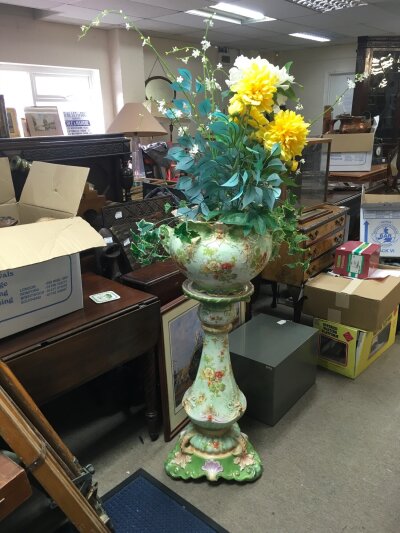 A Victorian ceramic jardiniere and pedestal, with floral decoration. 105cm tall. NO RESERVE
