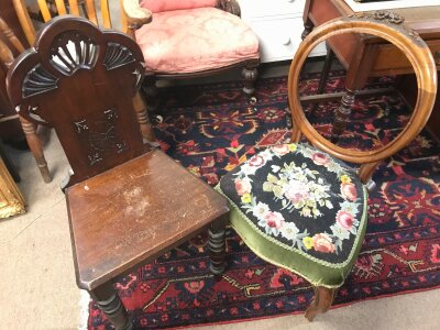 Two Victorian occasional chairs, one walnut with carved decorative floral design and needlepoint seat , the other a mahogany chair with carved top rail 87 and 80cm tall
