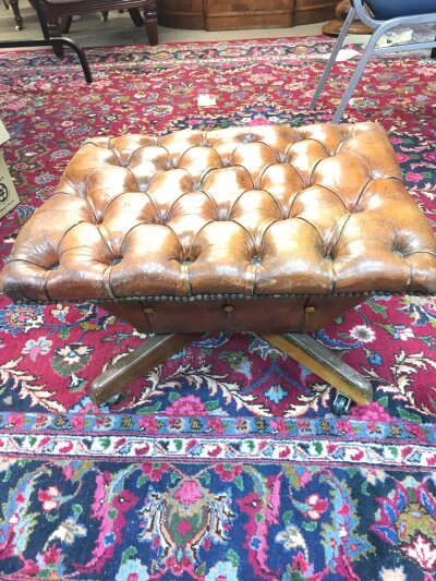 A Leather Chesterfield Stool. Approximately 37CM In Height And 62Cm In Width.