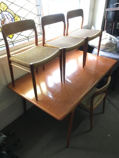 A 20th Century design Danish dining table and four chairs, approx 160cm x 89cm x 73cm.