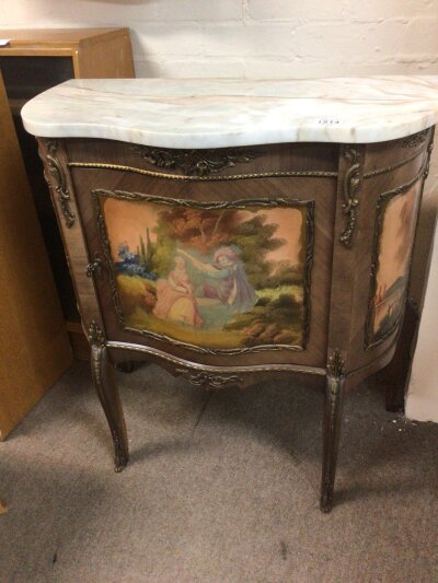 A French Louis XVI style cabinet with a marble top and painted panels in the manor of Jean Honore Fragonard. Length 72cm height 78cm