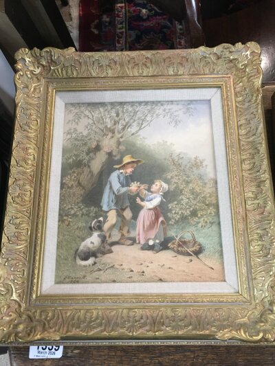 A framed watercolour , children with birds nest signed and dated 1864 NO RESERVE