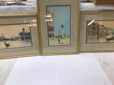 Three framed watercolour painting depicting scenes of Venice signed P Ongega circa 1920 NO RESERVE