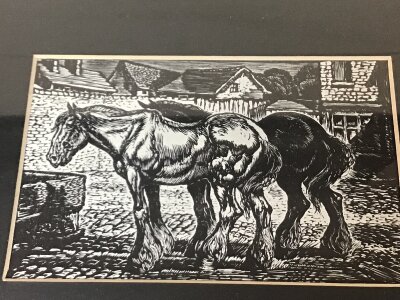 An interesting framed etching study of working horses signed in pencil a framed watercolour sailing boats by a rocky coast lime signed WH Eark. and a 20th century Grand Tour souvenir plaque (3)