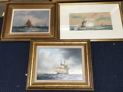 An oil painting marine study of a Dutch ship, 20th century watercolour by Knox nearing port and one other unsigned oil painting sailing vessels (3).