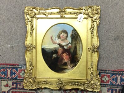 A Victorian oil painting of a young girl blowing bubbles in a giltwood frame. Frame 50x47cm. Picture 25x30cm