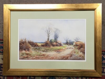 A framed english watercolour view of a flock of sheep. Frame Dimensions 71x51cm