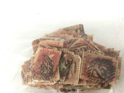 A lot of 100 Queen Victoria penny red stamps 1840-1850s used