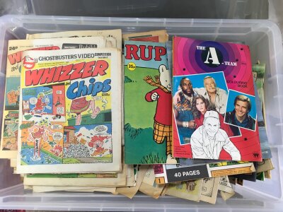 A large box of vintage comics comprising Whizzer & Chips, Shoot! and others.
