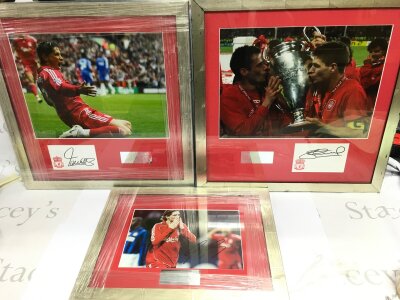 Three framed and glazed signed displays of Liverpool FC players Fernando Torres and Steven Gerrard, largest approx 50cm x 51cm.