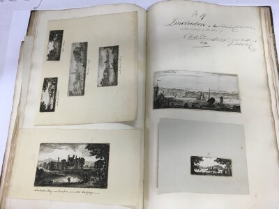An interesting half leather bound folio The Eldin Etchings 1835, views of Scotland late 18th Century with inscriptions to the spine Clerks Etchings.