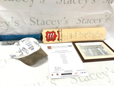 Signed cricket items included a bat signed by Essex County Cricket club players , Colin Cowdrey signed 100th test match picture, Ashley Cowan benefit year 2006 hat with various signatures NO RESERVE