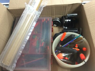 Vintage fishing tackle and equipment including Abu 507 & Mitchell 300A reels, pike float, carp controller, many Drennan floats and hooks. Bread punches, tackle box, bite alarm